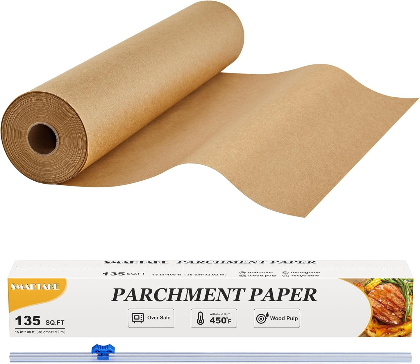 Parchment Paper Roll for Baking, 15 in X 108 Ft, 135 Sq.Ft, Non-Stick Unbleached Parchment Paper, Oven Baking Paper with Slide Cutter, for Kitchen Baking Cooking Grilling Steaming