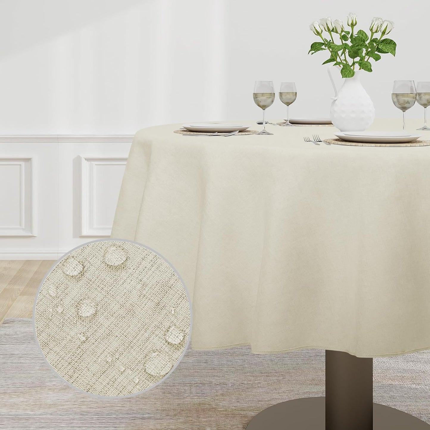Faux Linen Waterproof Spill-Proof Tablecloth Stain Resistant round Table Cloth Wrinkle Free Decorative Fabric for Kitchen, Dining, Party, Weddings, Restaurants (70 In-Round, Beige)