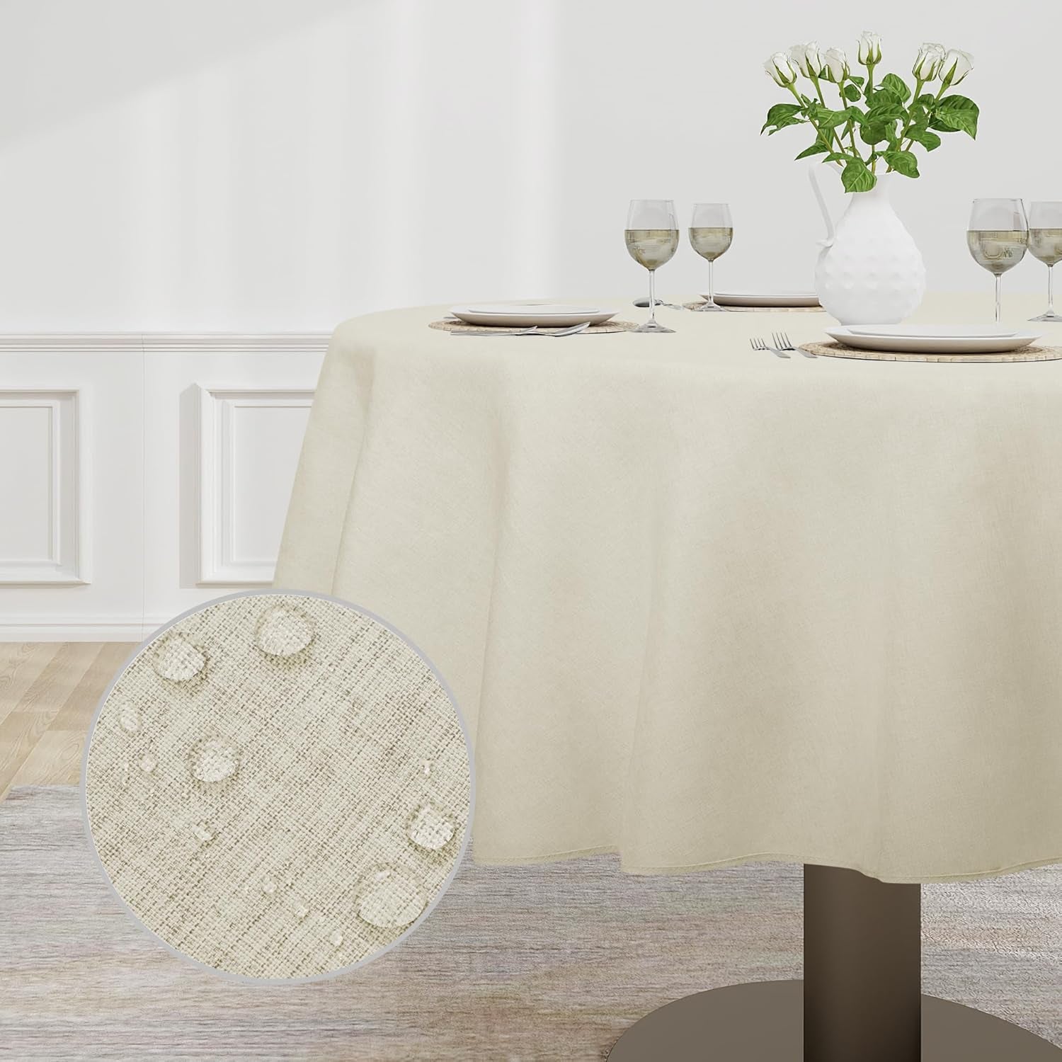 Faux Linen Waterproof Spill-Proof Tablecloth Stain Resistant round Table Cloth Wrinkle Free Decorative Fabric for Kitchen, Dining, Party, Weddings, Restaurants (70 In-Round, Beige)