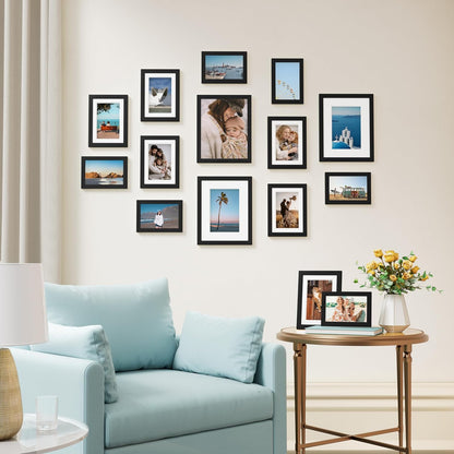 15 Pack Picture Frames Collage Wall Decor for Mounting or Tabletop Display, Gallery Frame Set for Family, Multi Sizes Including 3Pcs 8X10, 6Pcs 5X7, 6Pcs 4X6, Black