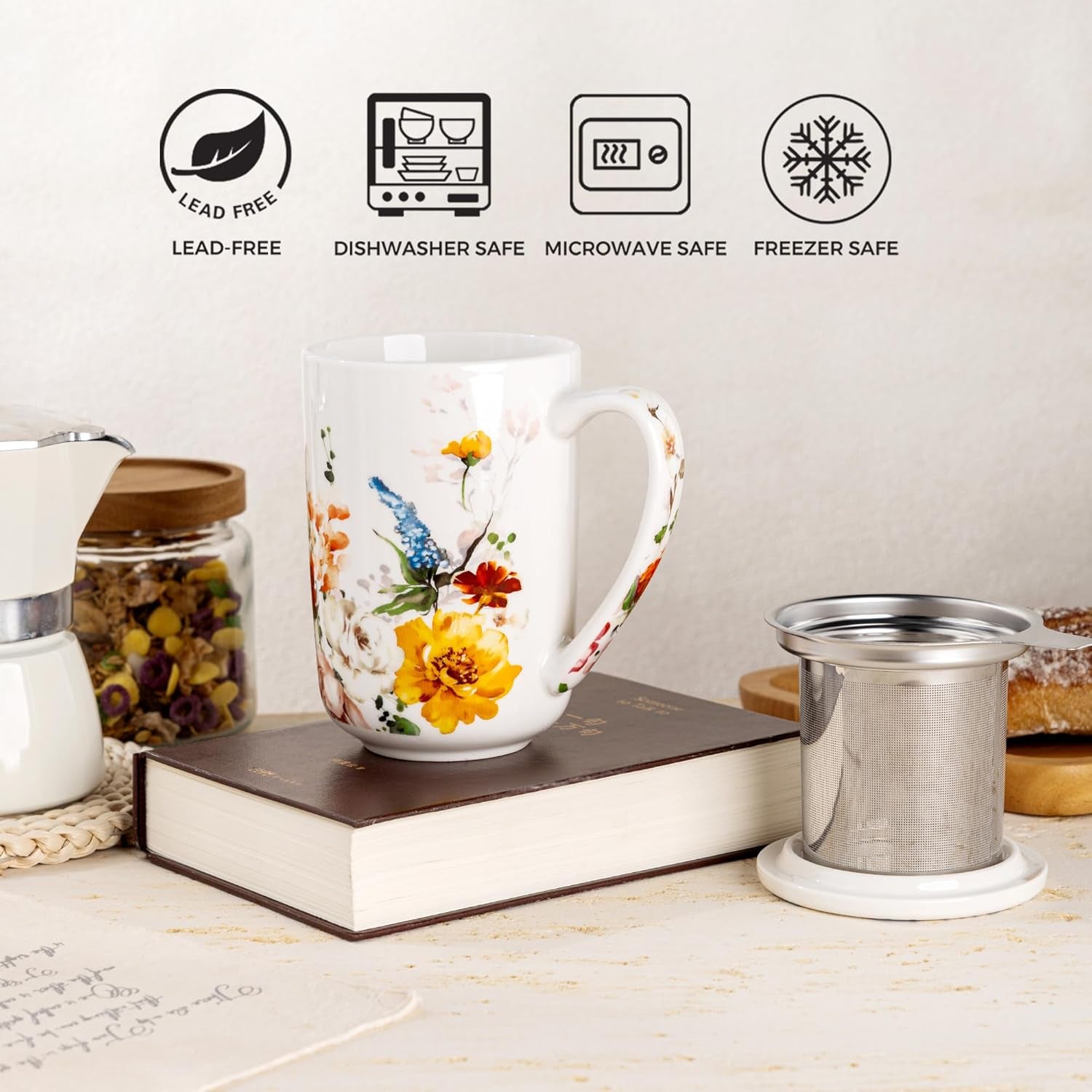 Ceramic Tea Mug with Infuser and Lid, 18 Ounce Capacity, Microwave and Dishwasher Safe, Ideal for Loose Leaf Tea Enthusiasts