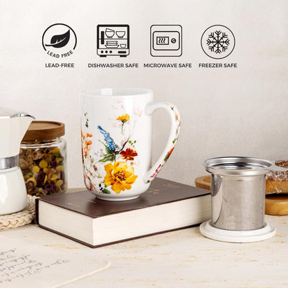 Ceramic Tea Mug with Infuser and Lid, 18 Ounce Capacity, Microwave and Dishwasher Safe, Ideal for Loose Leaf Tea Enthusiasts