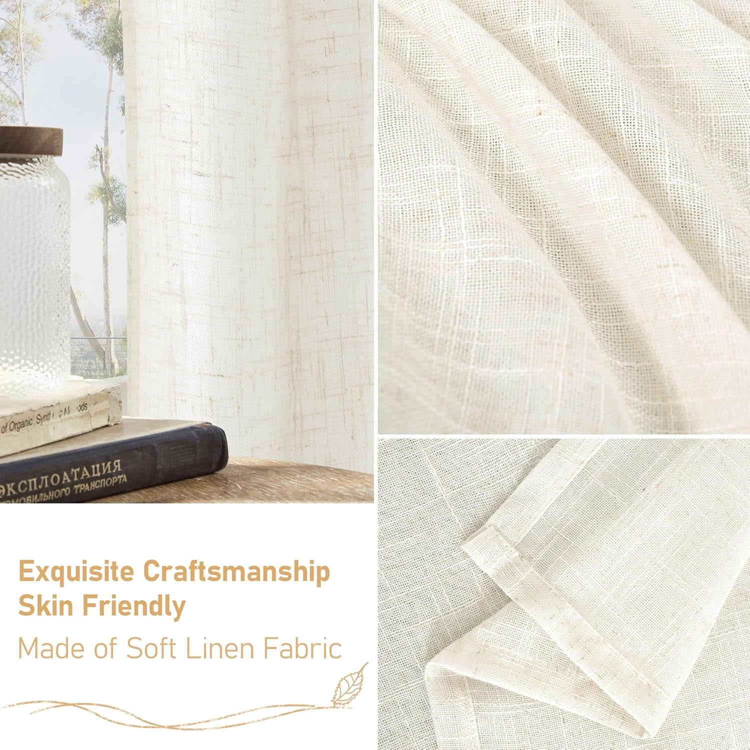 Linen Semi Sheer Curtains 63 Inch Length 2 Panels, Light Filtering Neutral Window Bedroom Curtains Farmhouse Boho Bronze Grommet Drapes for Kitchen/Living Room, Cream, 34 X 63 Inch