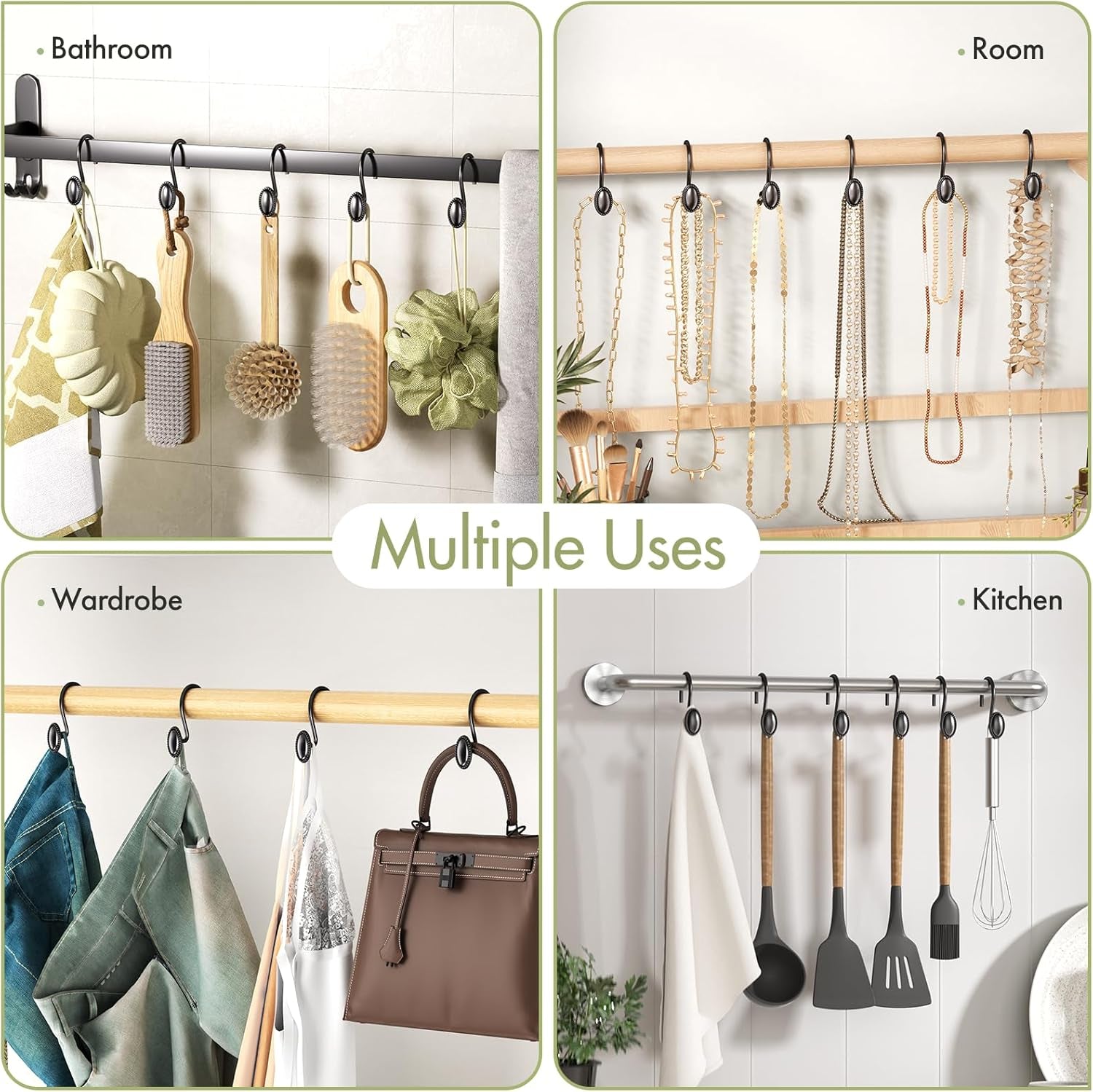 Black Shower Curtain Hooks, 12PCS Rust Proof Shower Curtain Rings, Decorative Modern Shower Curtain Hangers, Elliptical Heavy Duty Design Convenient for Bathroom Kitchen Wardrobe