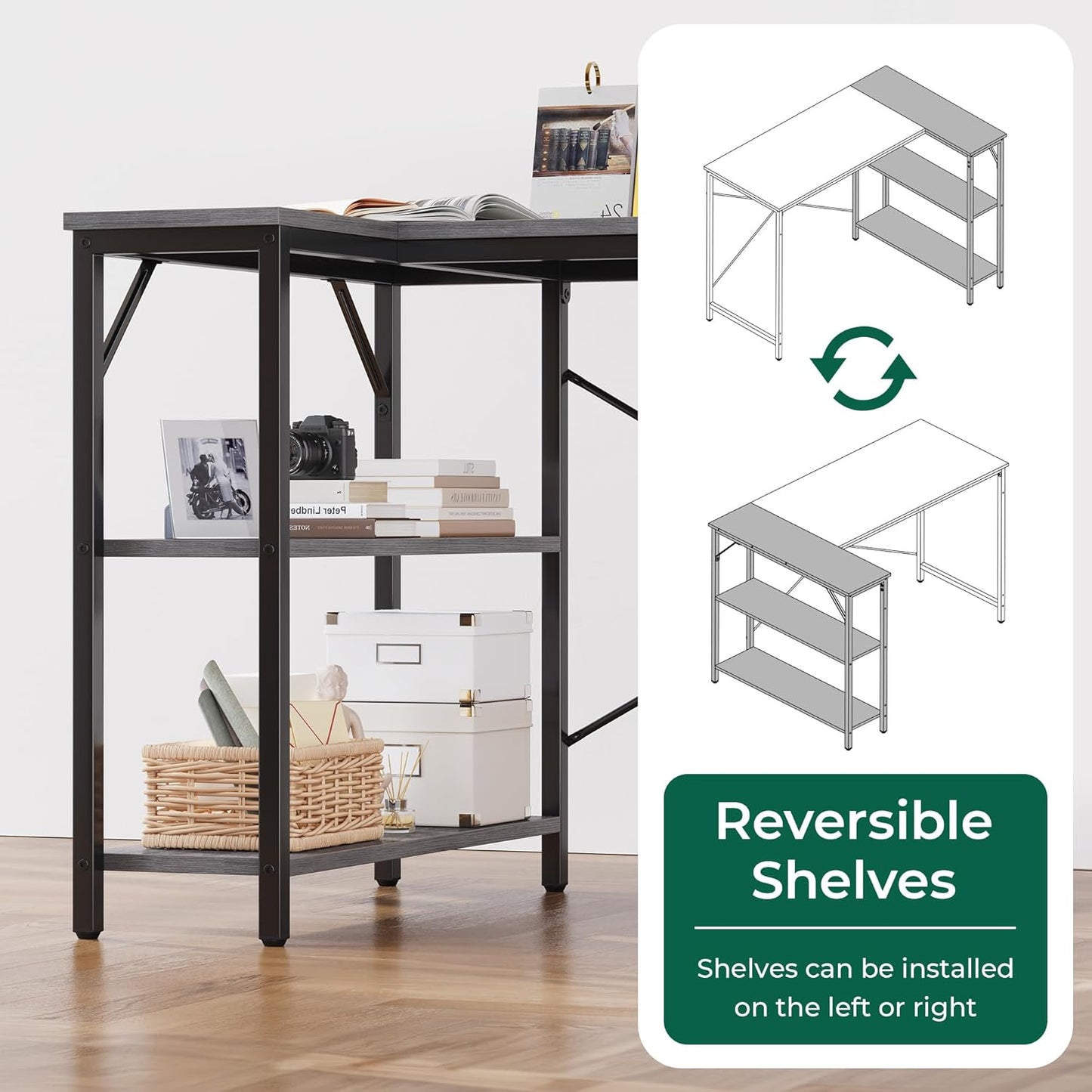 L-Shaped 47-Inch Computer Desk with Reversible Storage Shelves for Home Office, Gaming, and Study - Metal Frame, Gray