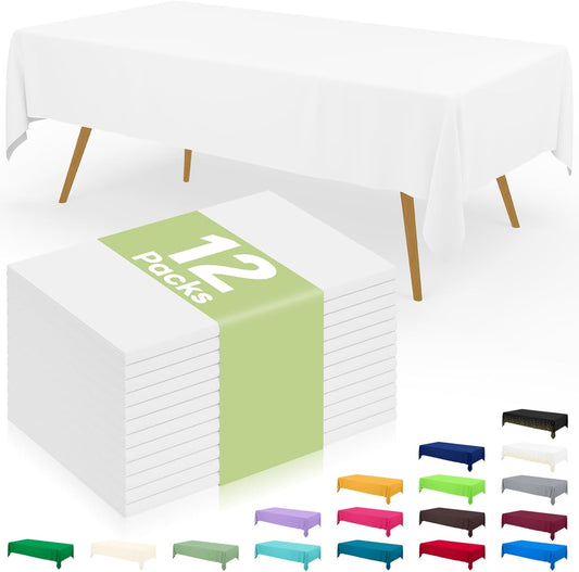 Disposable Table Cloth 12 Pack, 54 X 108 Inch Waterproof Plastic Tablecloth, Decorative Rectangle Table Covers for Party, Birthday, Picnic, White