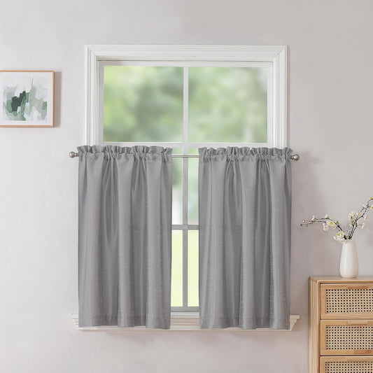 Uptown Silver Grey Kitchen Tier Curtains 36 Inch Length 2 Panels, Faux Silk Room Darkening Privacy Short Curtains for Small Window Farmhouse Bedroom Basement Bathroom, Each 30X36 Inch