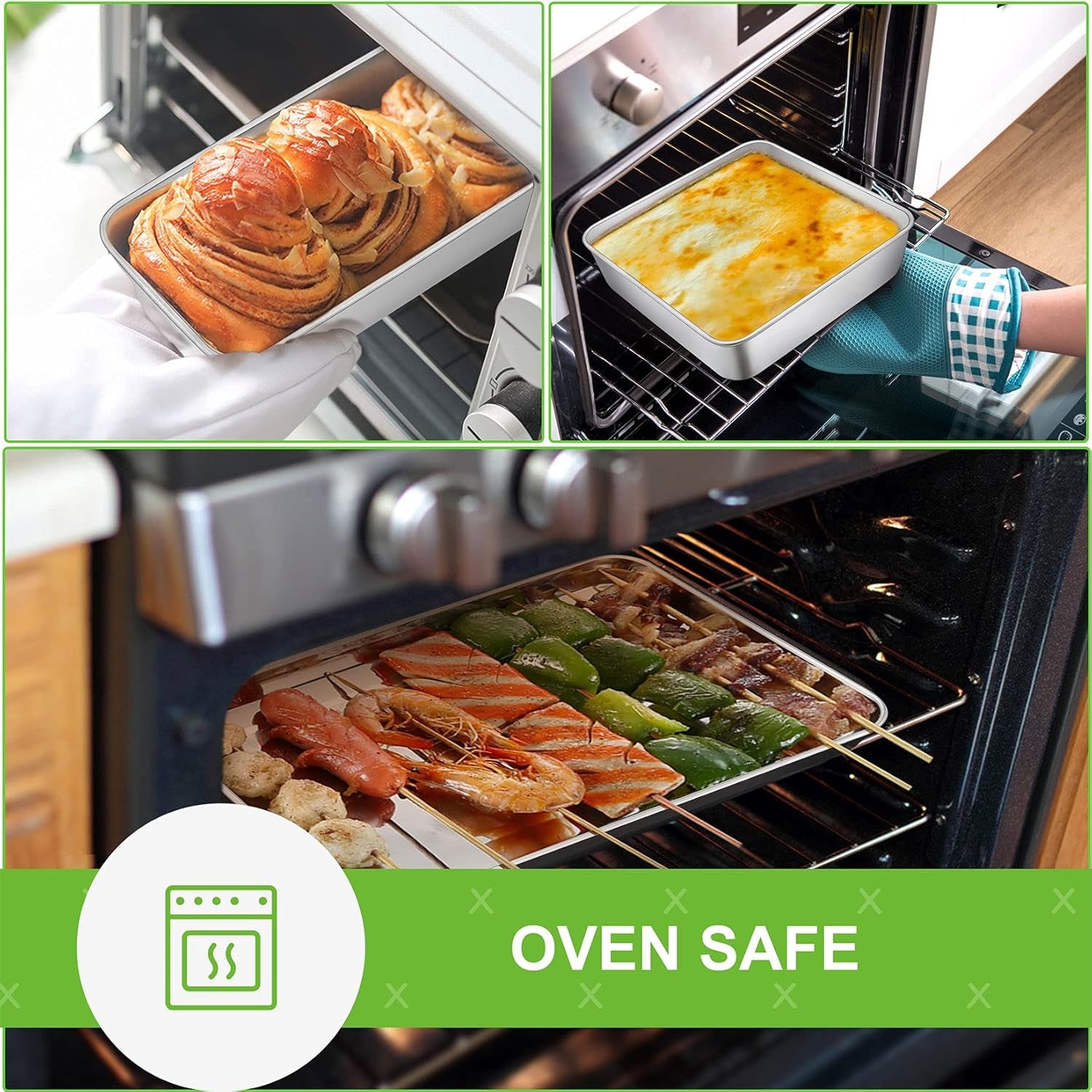 6-Piece Small Toaster Oven Pan Set, Stainless Steel Bakeware Set, Toaster Oven Tray with Rack, Square/Round Cake Pan, Loaf Pan & Muffin Pan, Non Toxic & Easy Clean