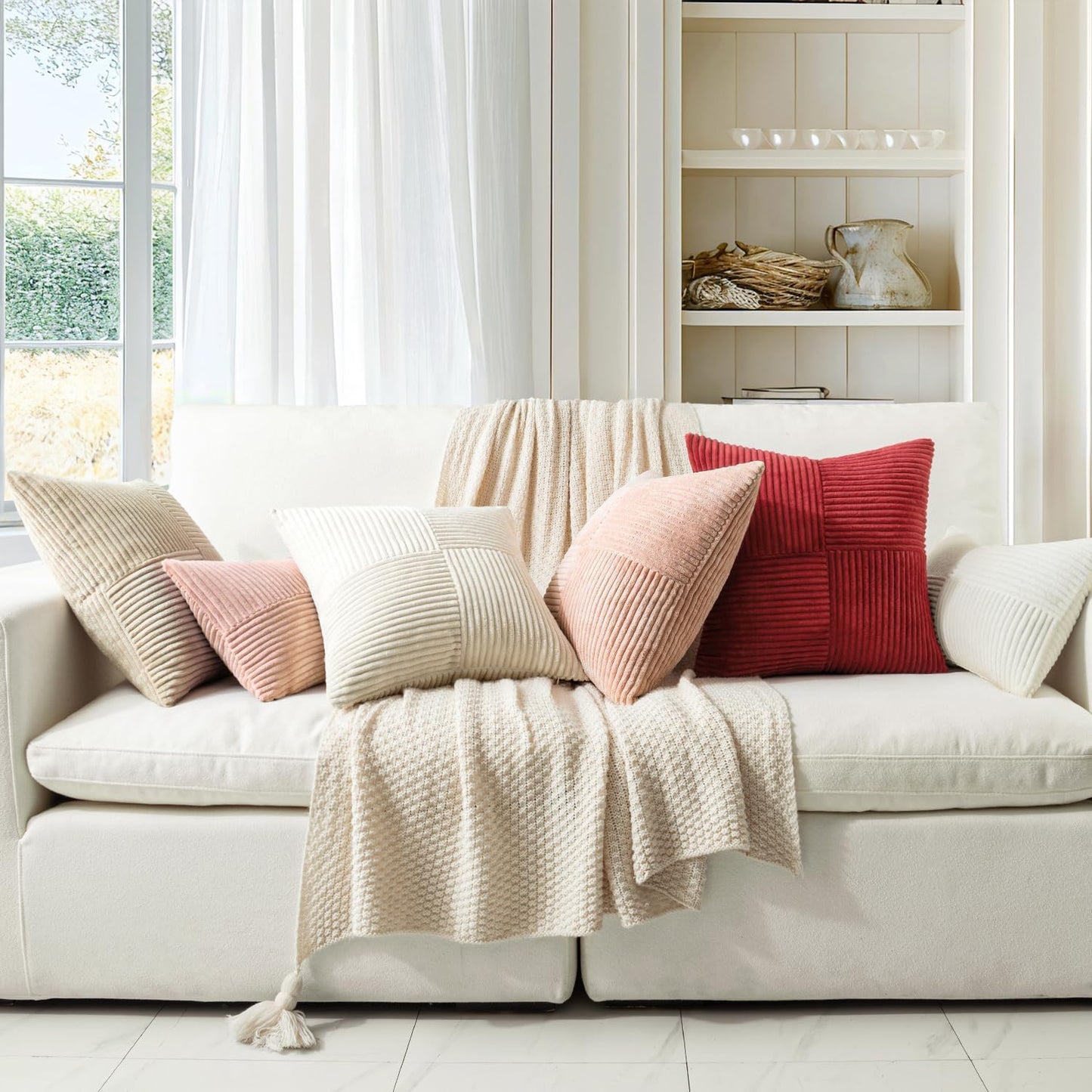 Beige Corduroy Decorative Pillow Covers - Set of 2, Soft Solid Couch Pillowcases with Cross Patchwork Design for Living Room and Bedroom, 12x24 Inches