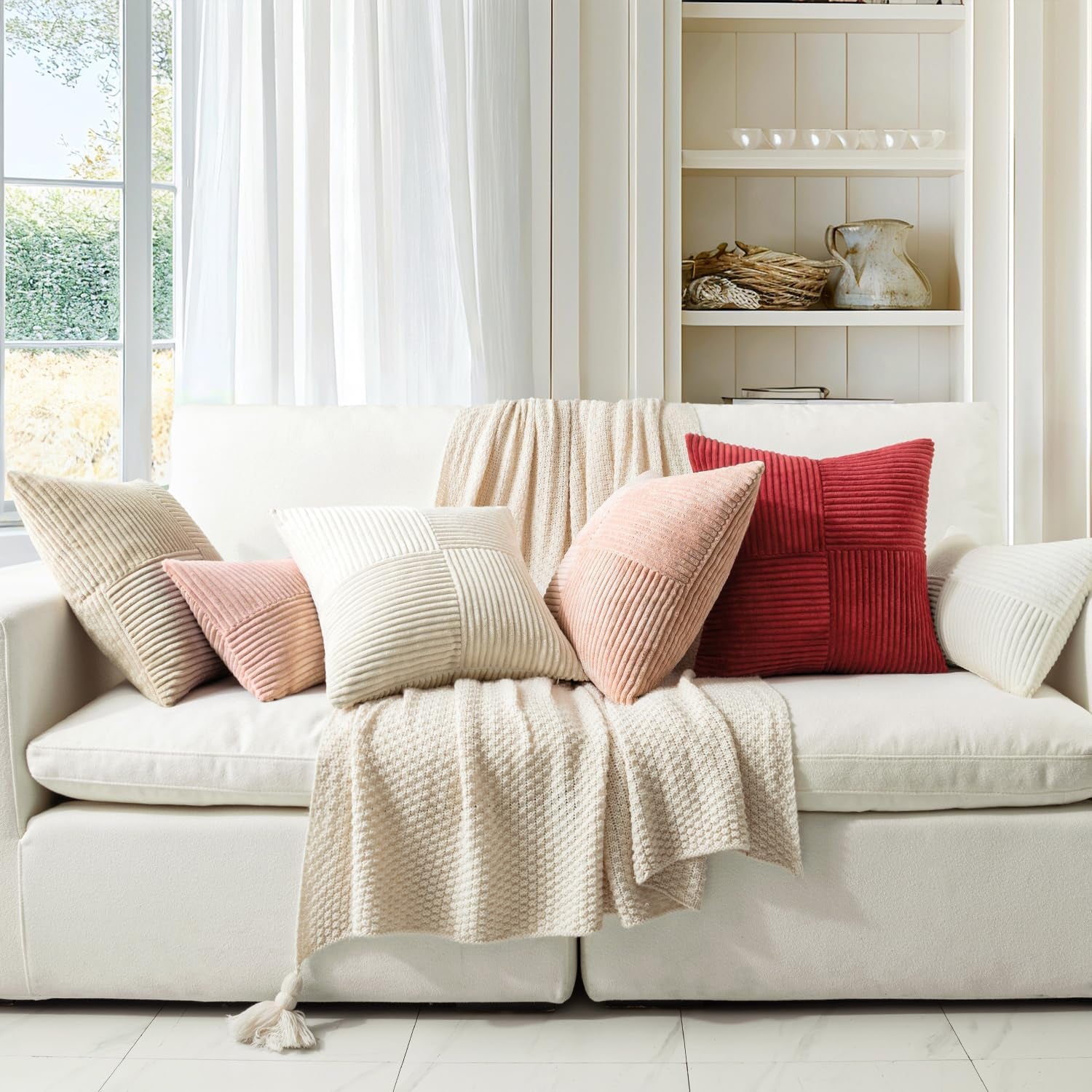 Beige Corduroy Decorative Pillow Covers - Set of 2, Soft Solid Couch Pillowcases with Cross Patchwork Design for Living Room and Bedroom, 12x24 Inches