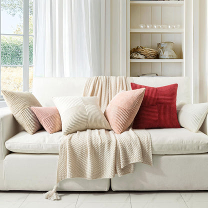 Beige Corduroy Decorative Pillow Covers - Set of 2, Soft Solid Couch Pillowcases with Cross Patchwork Design for Living Room and Bedroom, 12x24 Inches