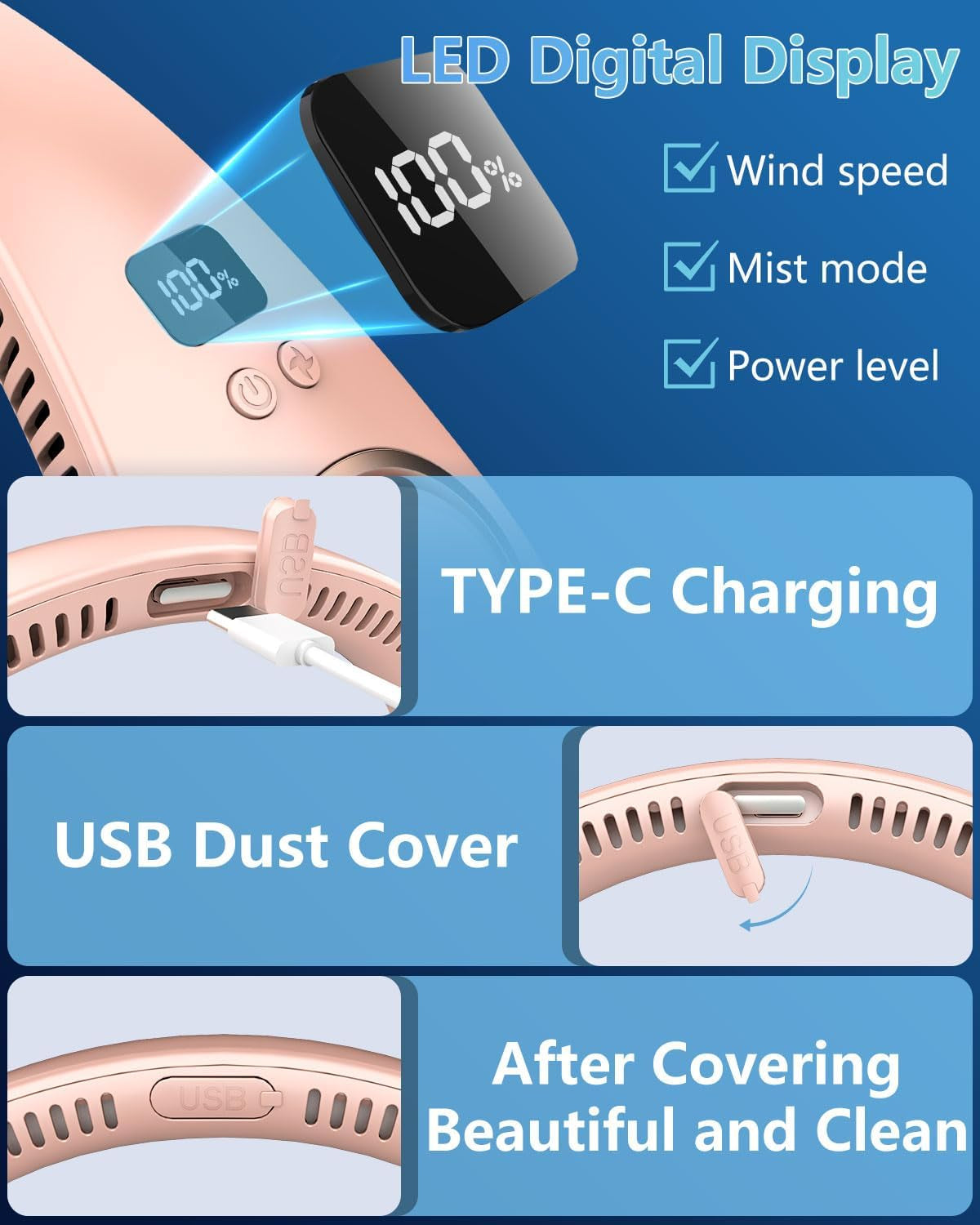 Misting Neck Fan,Collapsible Neck Fans Portable Rechargeable Battery,Cordless Leafless Headphone Wear Hands Free Devices,Cold Small Light Weight Noiseless Breeze around the Neck Cooler Tool Spray Pink