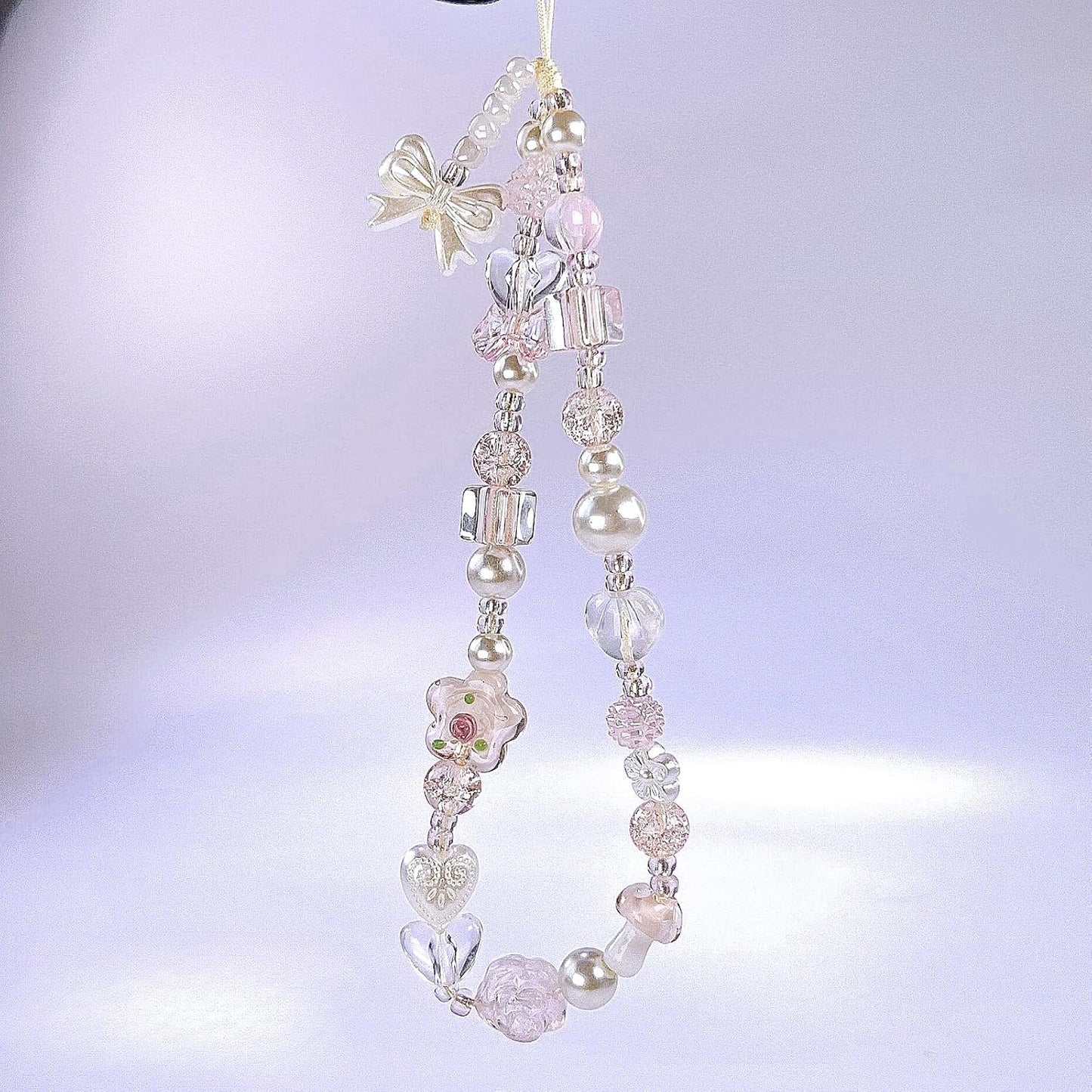 Beaded Camera Wrist Strap Cute Pearl Digital Camera Charm Lanyard, Phone Wristlet Charms, Beaded Camera Chain for Phone, Bag, Keychain Accessories (Bow&Flower)