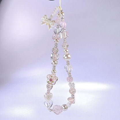 Beaded Camera Wrist Strap Cute Pearl Digital Camera Charm Lanyard, Phone Wristlet Charms, Beaded Camera Chain for Phone, Bag, Keychain Accessories (Bow&Flower)