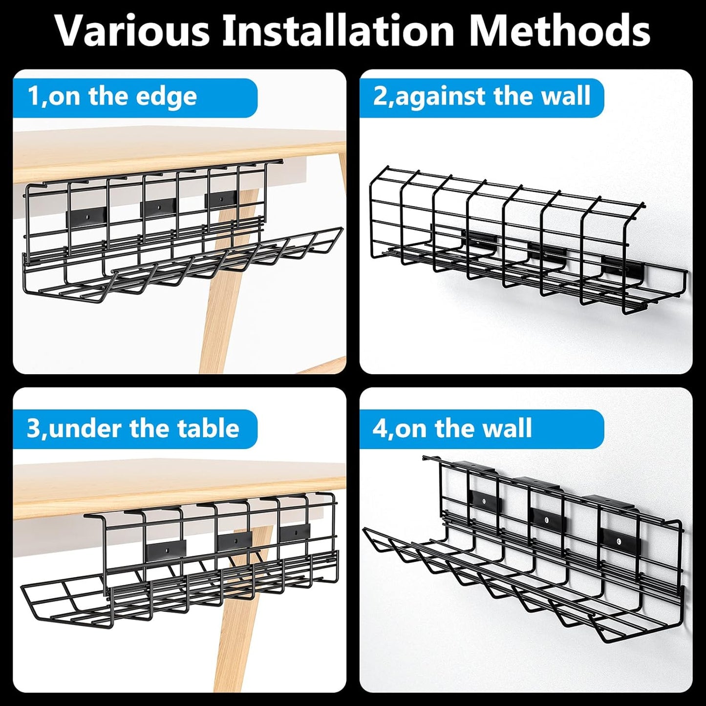 2 Pack  under Desk Cable Management Tray, Metal Cord Cable Organizer for Desk, Easy Install Pre-Drilled Wire Management Wire Organizer for Office & Home