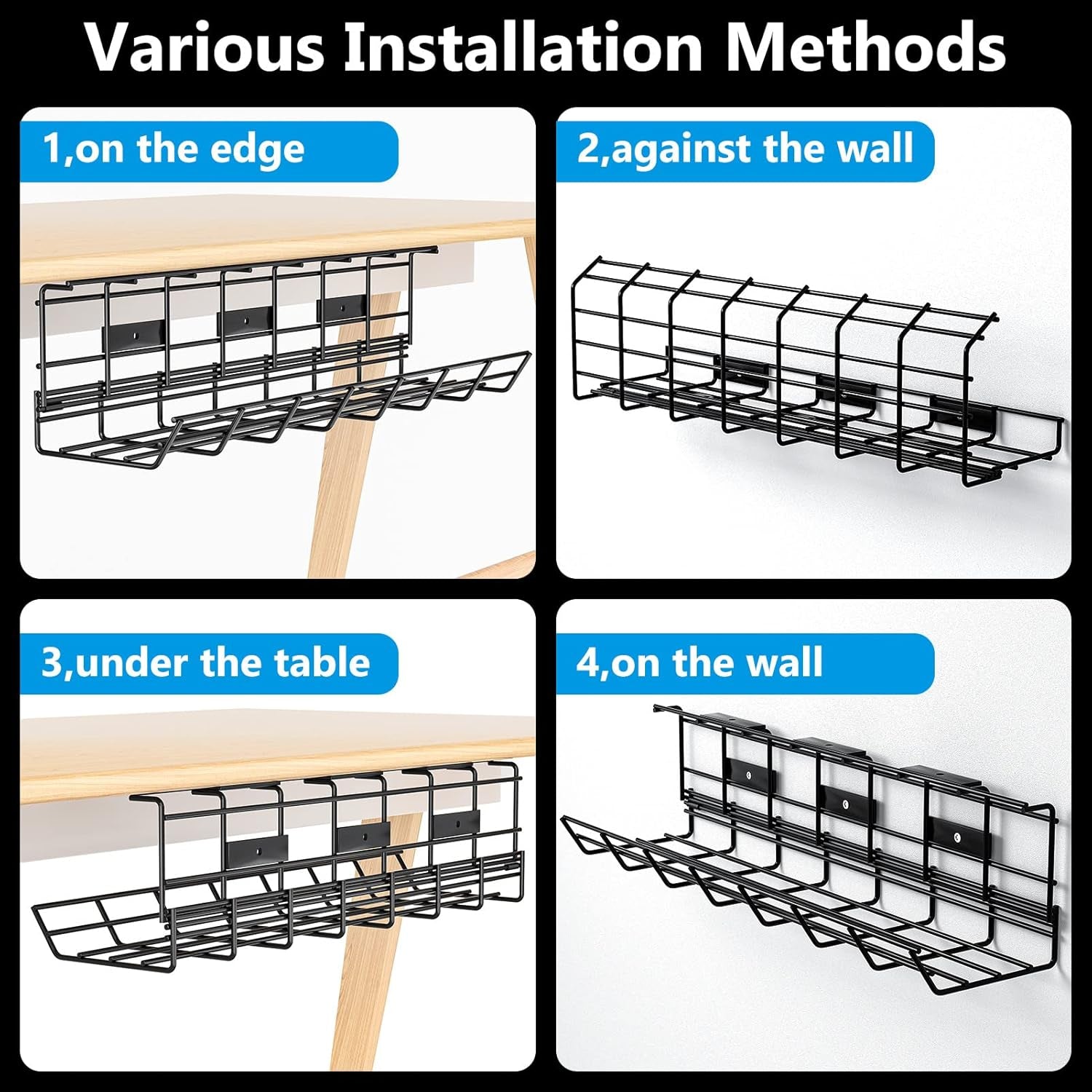 2 Pack  under Desk Cable Management Tray, Metal Cord Cable Organizer for Desk, Easy Install Pre-Drilled Wire Management Wire Organizer for Office & Home