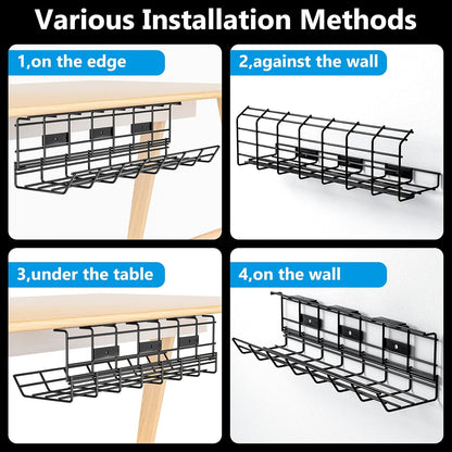 2 Pack  under Desk Cable Management Tray, Metal Cord Cable Organizer for Desk, Easy Install Pre-Drilled Wire Management Wire Organizer for Office & Home