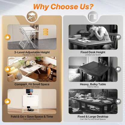 Folding Desk with Adjustable Height and Tablet Slot, 24-Inch Space-Saving Computer Desk for Home Office, Bedroom, and Study, White