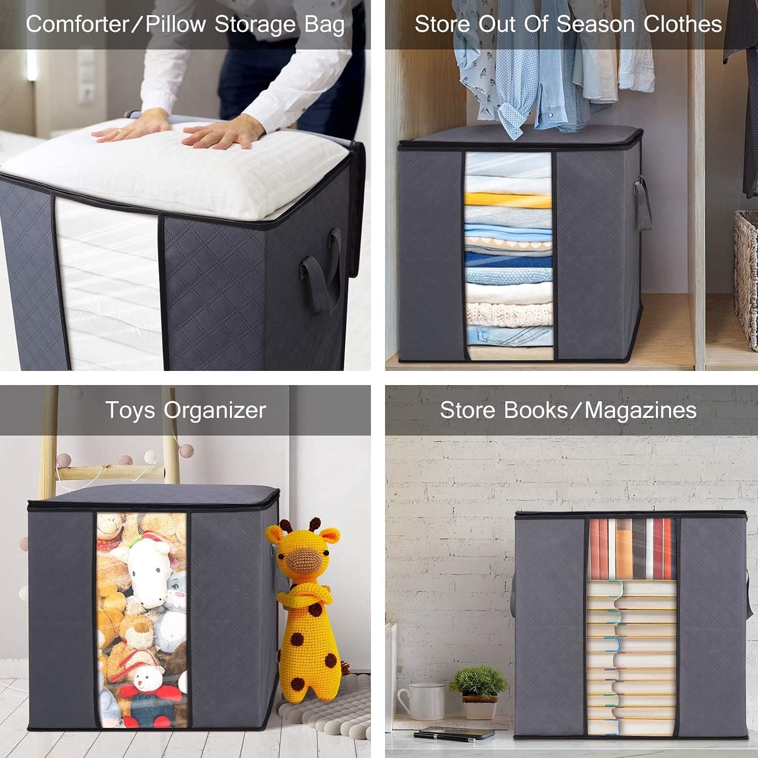 Clothes Storage Bags 6 Pack/100L Large Blanket Clothes Organization and Storage Containers for Bedding, Comforters, Foldable 3 Layer Fabric, Reinforced Handle, Sturdy & Clear Window, Grey