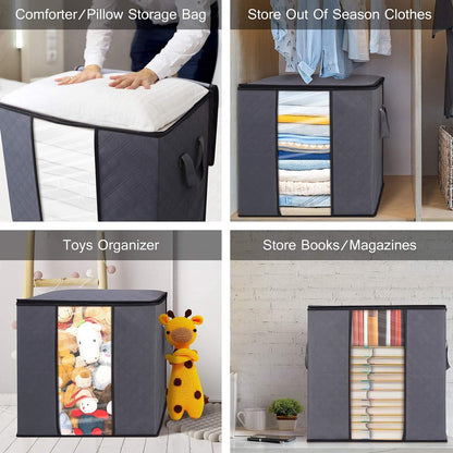 Clothes Storage Bags 6 Pack/100L Large Blanket Clothes Organization and Storage Containers for Bedding, Comforters, Foldable 3 Layer Fabric, Reinforced Handle, Sturdy & Clear Window, Grey
