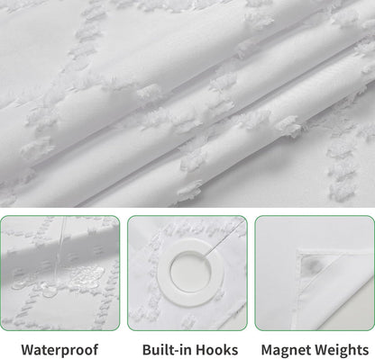 White No Hook Shower Curtain with Fabric Snap in Liner Set, Boho Tufted Chevron Striped Shabby Chic Textured Shower Curtain with a Mash Top Window, Hotel Decor, 71" W X 74" L