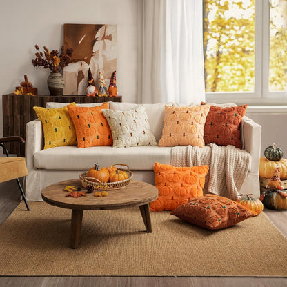 Fall Pumpkin Throw Pillow Covers Decor Set of 2 Dark Rust Green Stem 18 X 18 Decorative Cushion Covers Soft Faux Fur Couch Pillows for Autumn Harvest Outdoor Porch Farmhouse Halloween Home
