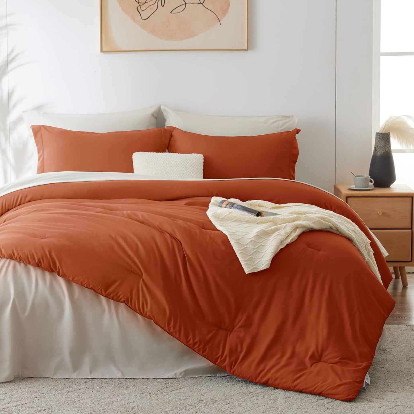 King Size Comforter Set Burnt Orange and Beige, 7 Pieces King Bedding Set Contrasting Design with Comforter, Flat Sheets, Fitted Sheet, Pillowcases & Shams, Bed in a Bag for All Season