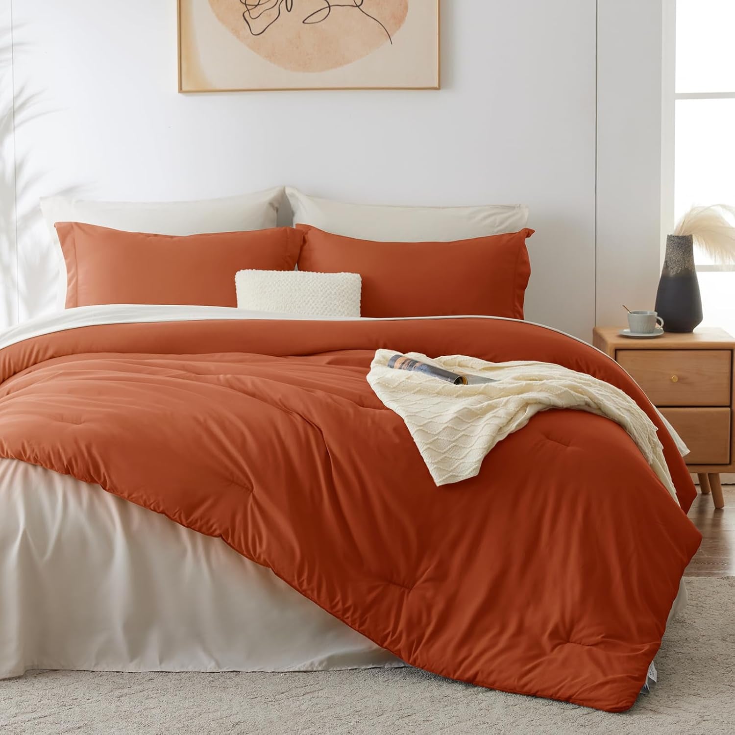 King Size Comforter Set Burnt Orange and Beige, 7 Pieces King Bedding Set Contrasting Design with Comforter, Flat Sheets, Fitted Sheet, Pillowcases & Shams, Bed in a Bag for All Season