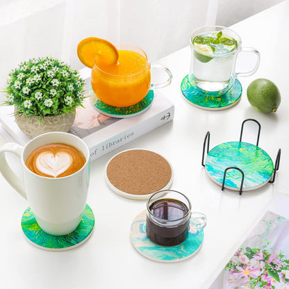 Drink Coasters with Holder, Coasters for Drinks-Set of 6, Van Gogh Paintings Art Ceramic Coasters for Coffee Table Gifts Home Decor, Green, 4 Inches, 10CM
