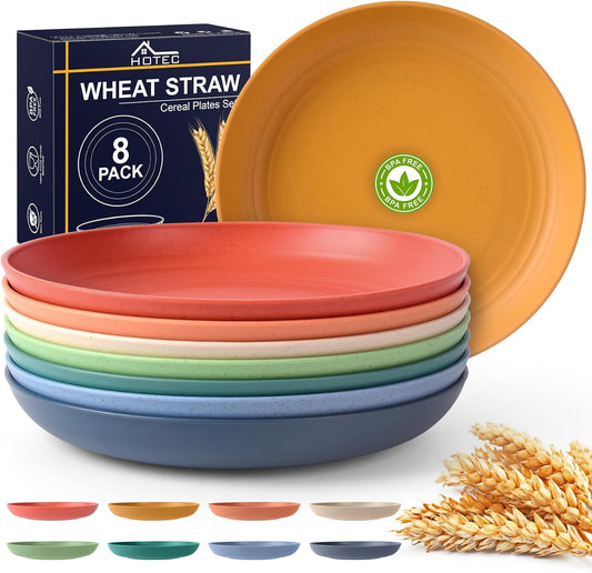 8-Pack 8Inch BPA Free Unbreakable Deep Plastic Plates, Wheat Straw Camping Plates Dishwasher Safe Kitchen Plates Dinnerware Multicolor