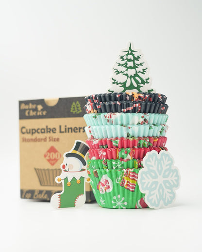 Christmas Mini Cupcake Liners with 12 Pcs Cupcake Toppers, 400 Pcs Muffin Liners, Cupcake Wrappers, Mini Cupcake Liners for Xmas Party, Christmas Holiday
