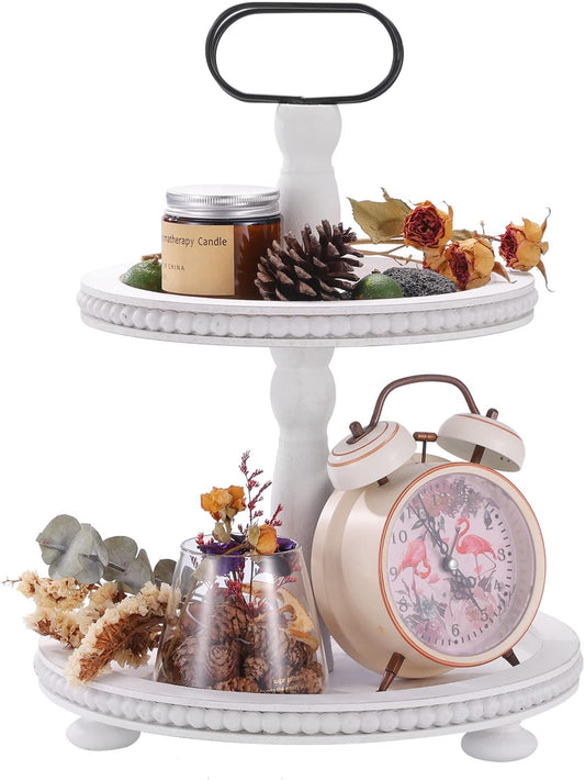 Wooden Decorative Tray Two Tiered Trays Decorations round Serving Tray with Metal Handle, Wooden Cupcake Stand for Party Tiered Dessert Stand - Retro White Farmhouse Wood Tray