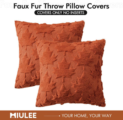 Fall Autumn Throw Pillow Covers 18X18 Burnt Orange Set of 2 Thanksgiving Decorative Solid Maple Leaf Accent Pillow Cases Soft Plush Faux Wool for Home Decor Holiday Outdoor Porch Bedroom