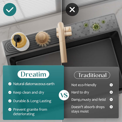 Diatomite Kitchen Faucet Mat - 14Inch Water Absorbing Stone Tray for Sink, Stone Fast-Drying Faucet Mat for Kitchen Counter Sink Accessories (Dark Grey, 14'' X 3.9'')