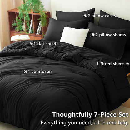 Queen Comforter Set Black, 7 Pieces Bed in a Bag Soft Bedding Comforter Set with Sheets, All Season Boho 7PC Bed Sets with Comforter, Fitted Sheets, Flat Sheets, Pillow Shams and Pillowcases