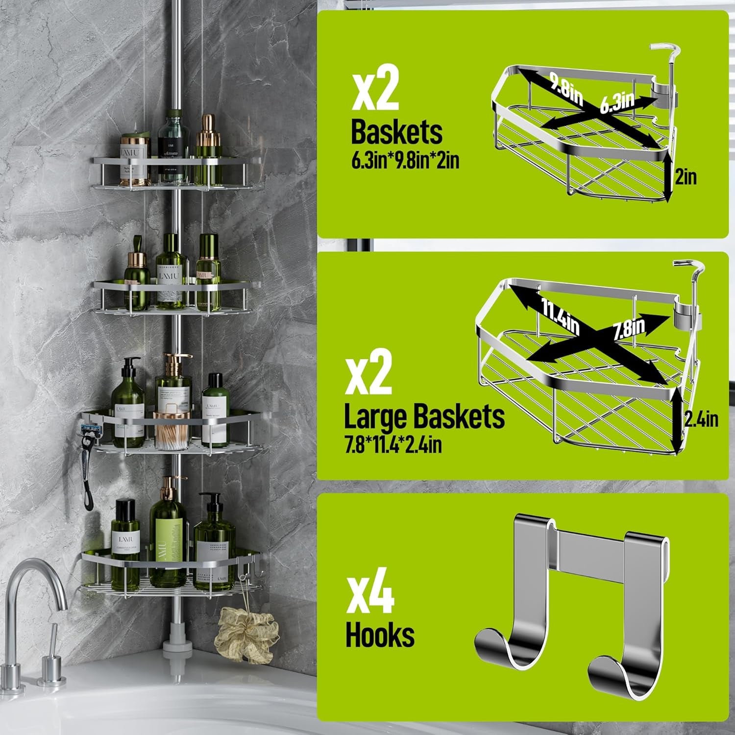 Corner Shower Caddy Tension Pole, Stainless Steel Shower Organizer, Strong Spring, 4 Adhesive Pads, 2.4" Non-Slip Grid Base, Adjustable 4-Tier Basket, 4 Hooks, Fits Heights 37.8-124", Silver