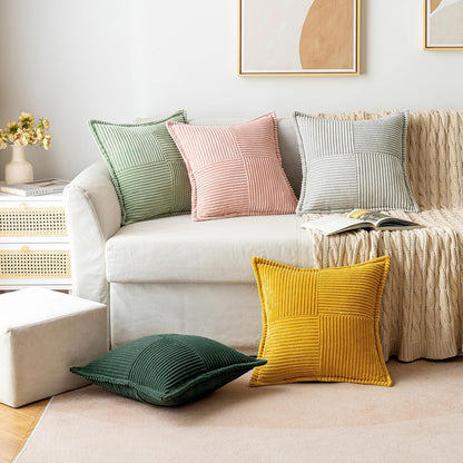 Christmas Decorative Throw Pillow Covers for Couch Bed Livingroom 18X18 Inch Set of 2 Dark Green Boho Accent Throw Pllows Broadside Striped Patchwork Soft Corduroy Pillowcases