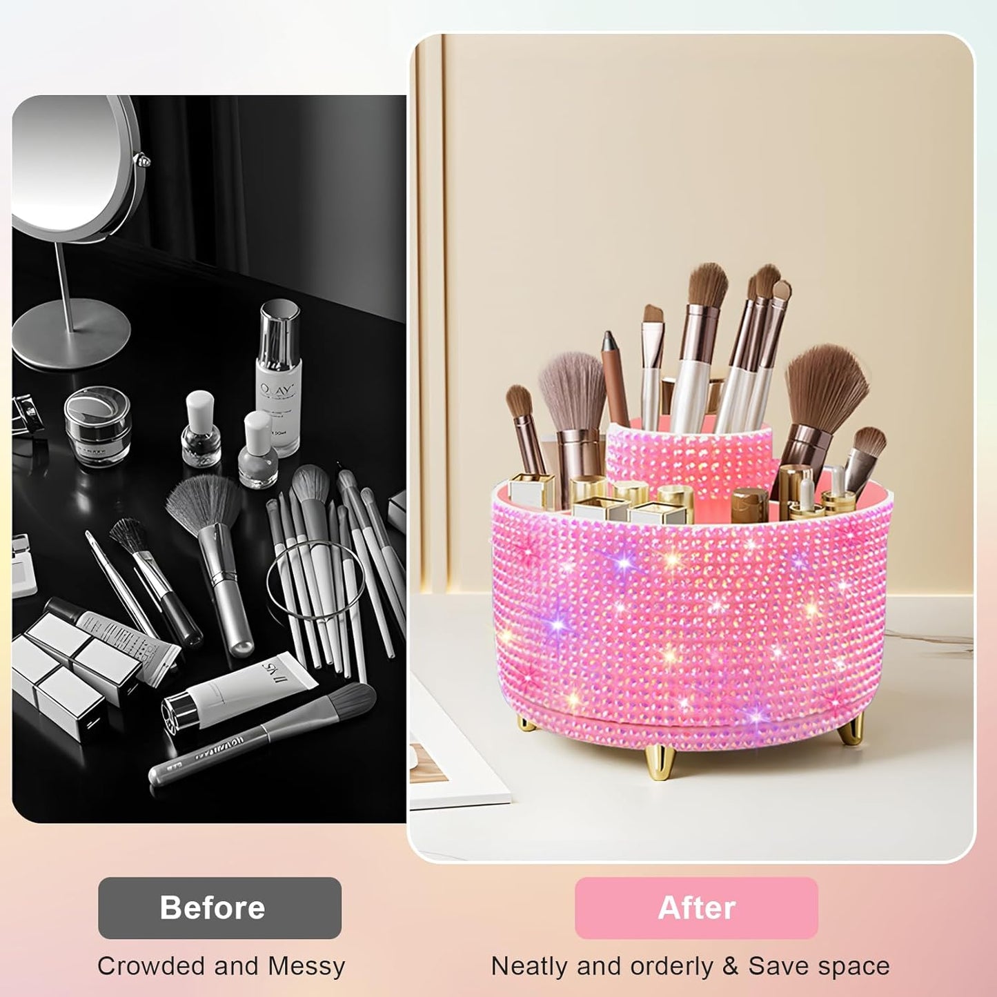 Bling Diamond 360° Makeup Brush Holder Organizer, Rotating Makeup Brush Organizer,5 Slot Make up Brushes Cup for Cosmetics, Vanity Desktop Organizer, Gift for Women Teen Girls- Diamond Pink