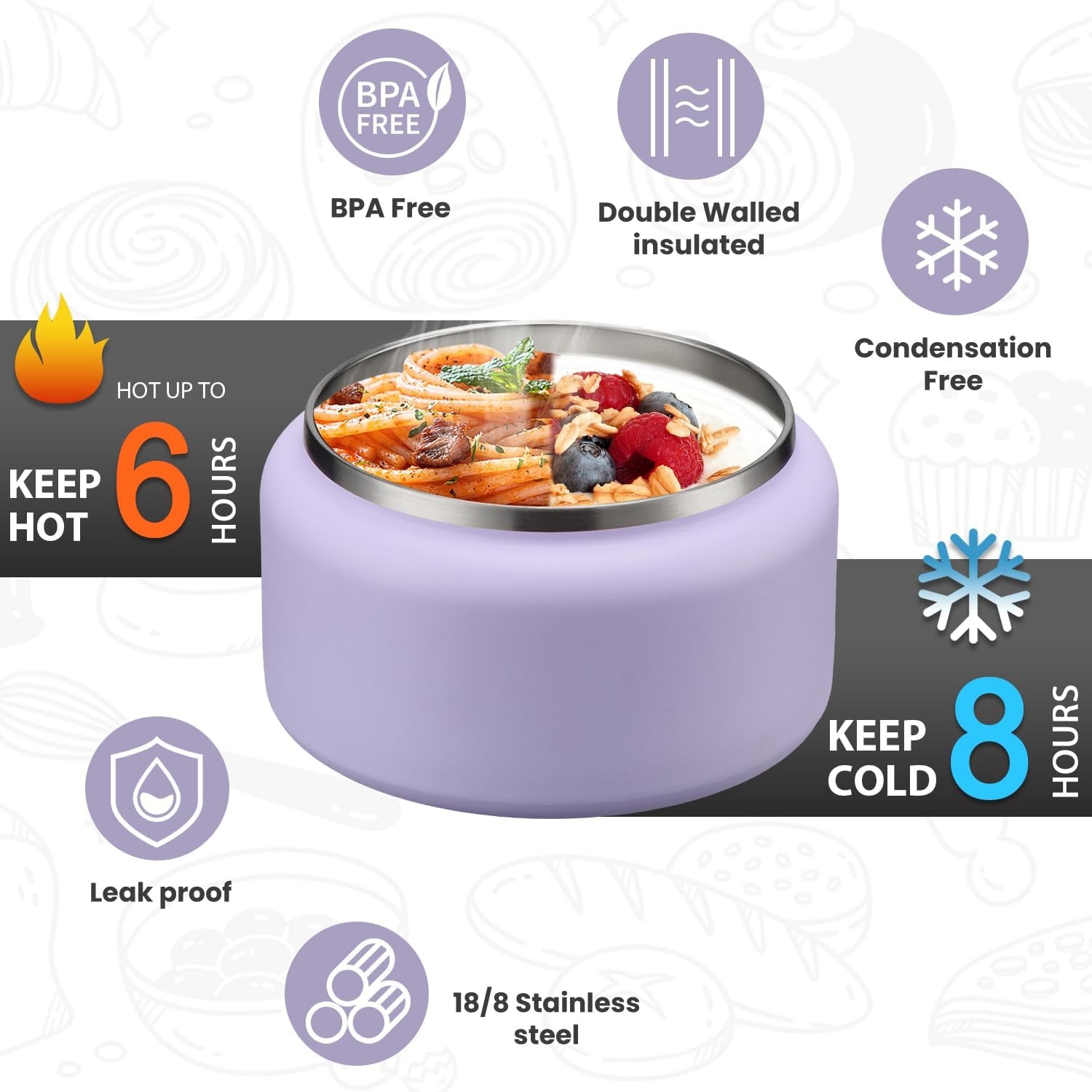 Soup Thermo for Hot Food Kids 13.5Oz Lunch Containers with Buckle Lid Wide Mouth Hot Food Jar Vacuum Insulated Stainless Steel Bento Box Leakproof with Spoon(Purple)