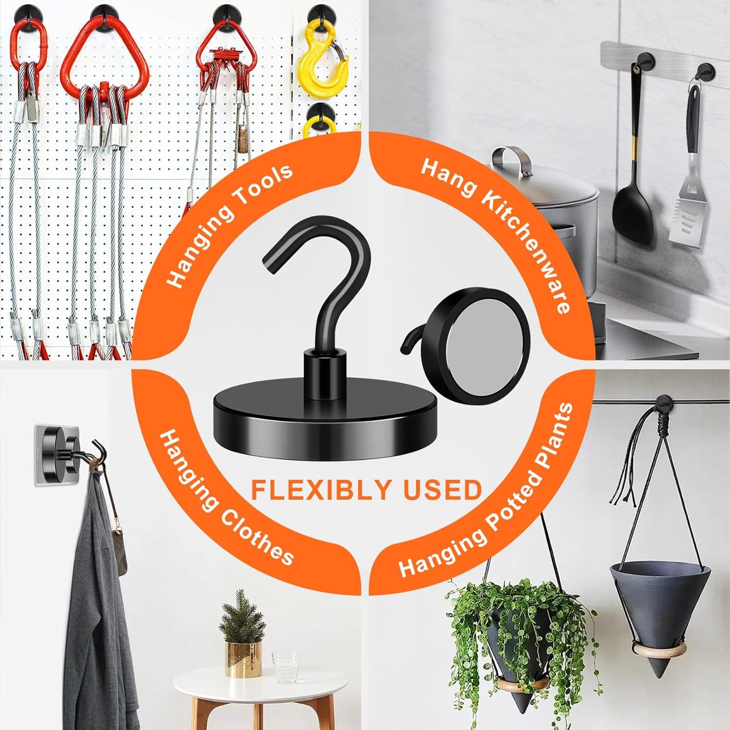 Heavy-Duty Magnetic Hooks, 130 lbs Capacity - Pack of 4, Ideal for Cruise Cabins, Refrigerators, Home, Office, and Grilling (Black)