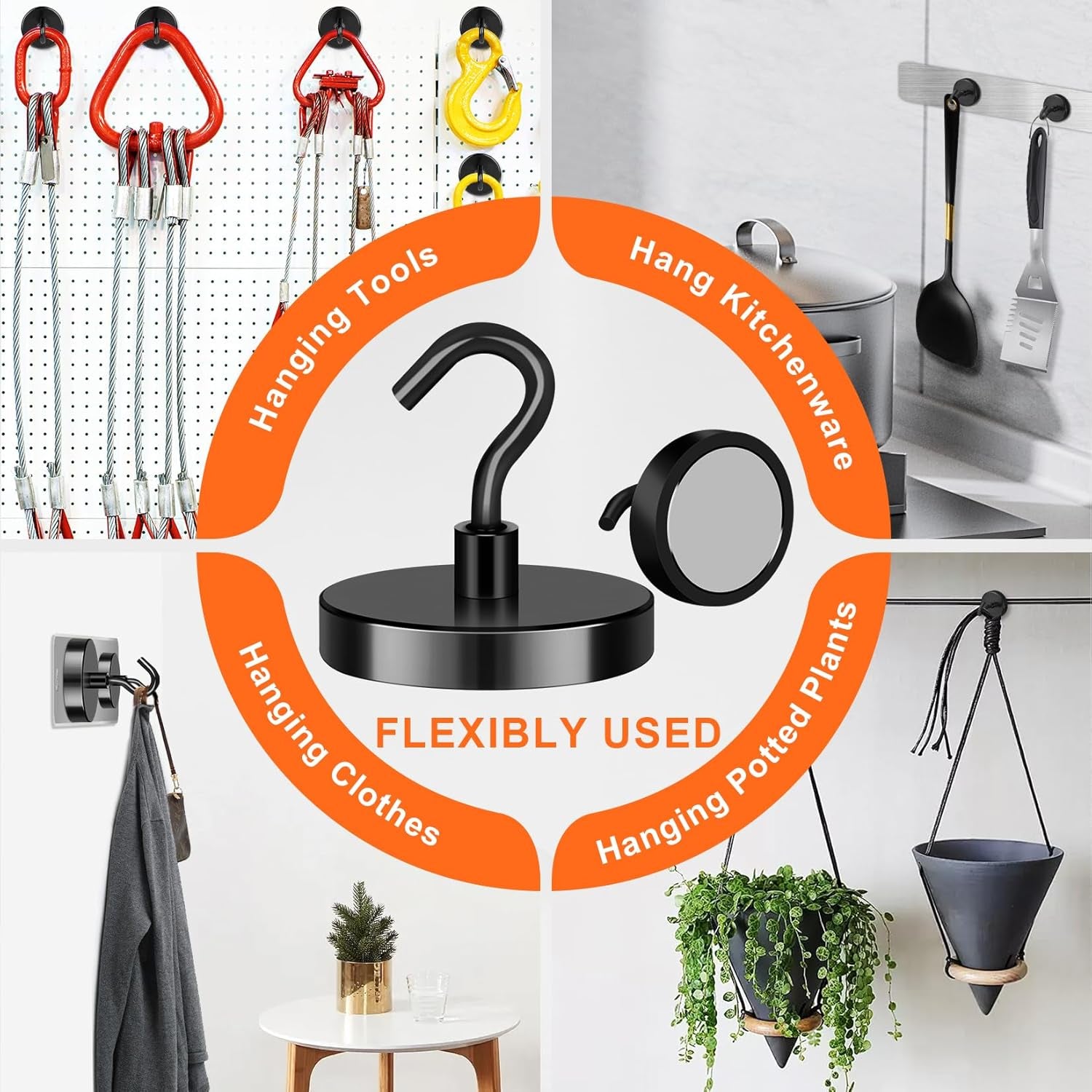 Heavy-Duty Magnetic Hooks, 130 lbs Capacity - Pack of 4, Ideal for Cruise Cabins, Refrigerators, Home, Office, and Grilling (Black)