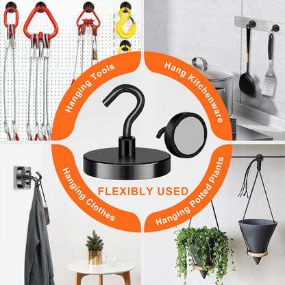 Heavy-Duty Magnetic Hooks, 130 lbs Capacity - Pack of 4, Ideal for Cruise Cabins, Refrigerators, Home, Office, and Grilling (Black)