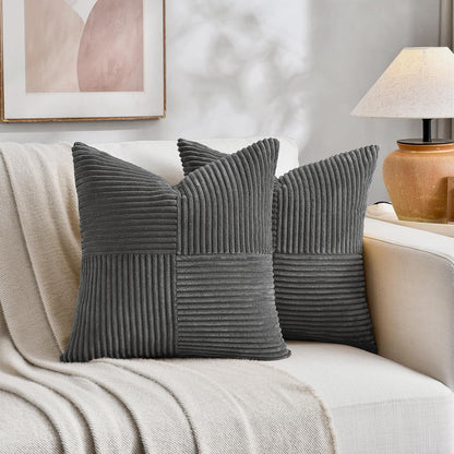 2 Packs Dark Gray Decorative Throw Pillow Covers 18X18 Inch for Living Room Couch Sofa, Rustic Farmhouse Boho Home Decor, Soft Corss Corduroy Patchwork Textured Square Cushion Case 45X45 Cm