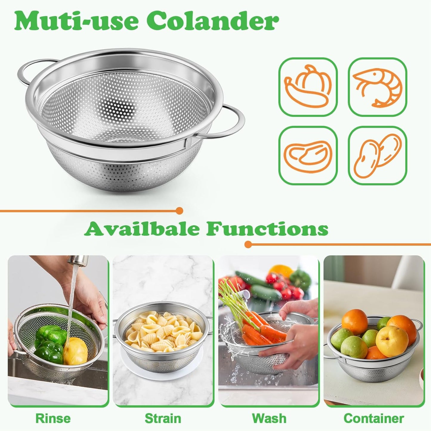 Colander Strainer Stainless Steel 3 Quart, Metal Micro-Perforated Colander for Kitchen Food, Ideal for Rinsing Washing Draining, Dishwasher Safe, Shiny Silver, 2PCS