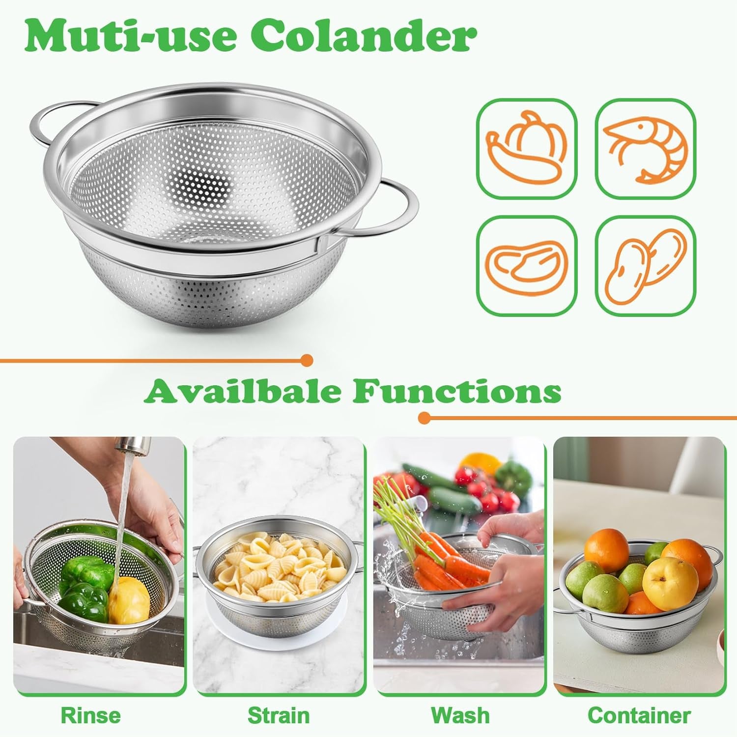 Colander Strainer Stainless Steel 3 Quart, Metal Micro-Perforated Colander for Kitchen Food, Ideal for Rinsing Washing Draining, Dishwasher Safe, Shiny Silver, 2PCS