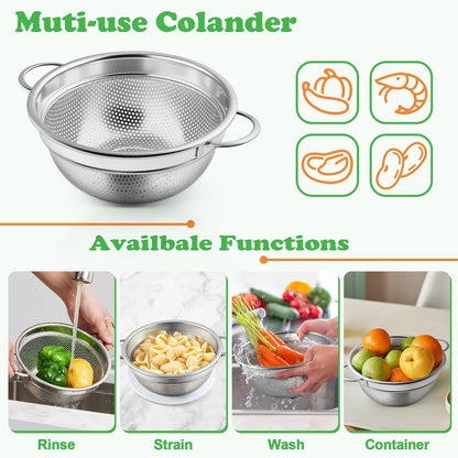 Colander Strainer Stainless Steel 3 Quart, Metal Micro-Perforated Colander for Kitchen Food, Ideal for Rinsing Washing Draining, Dishwasher Safe, Shiny Silver, 2PCS
