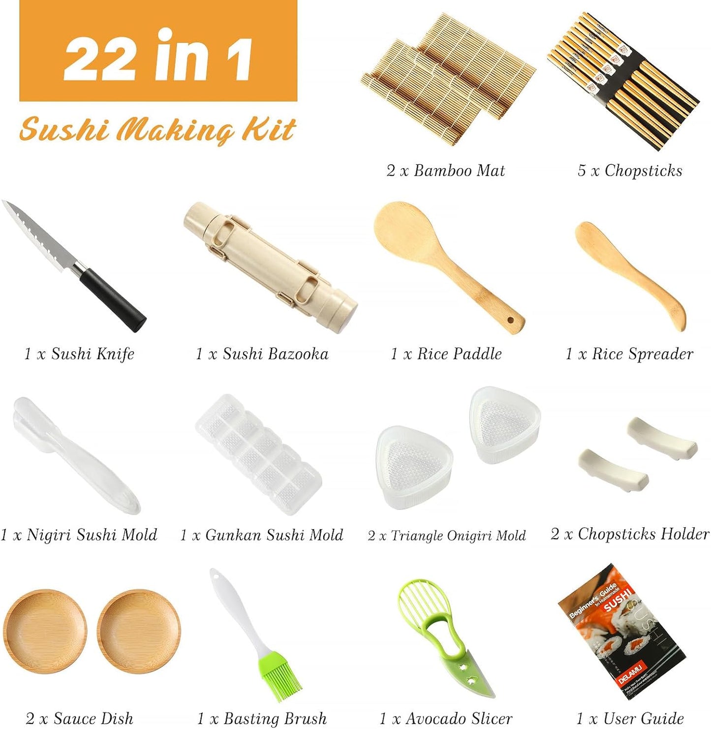 Sushi Making Kit,  Upgrade 22 in 1 Sushi Maker Kit with Bamboo Mats, Chef'S Knife, Triangle/Nigiri/Gunkan Sushi Mold, Chopsticks, Guide&More