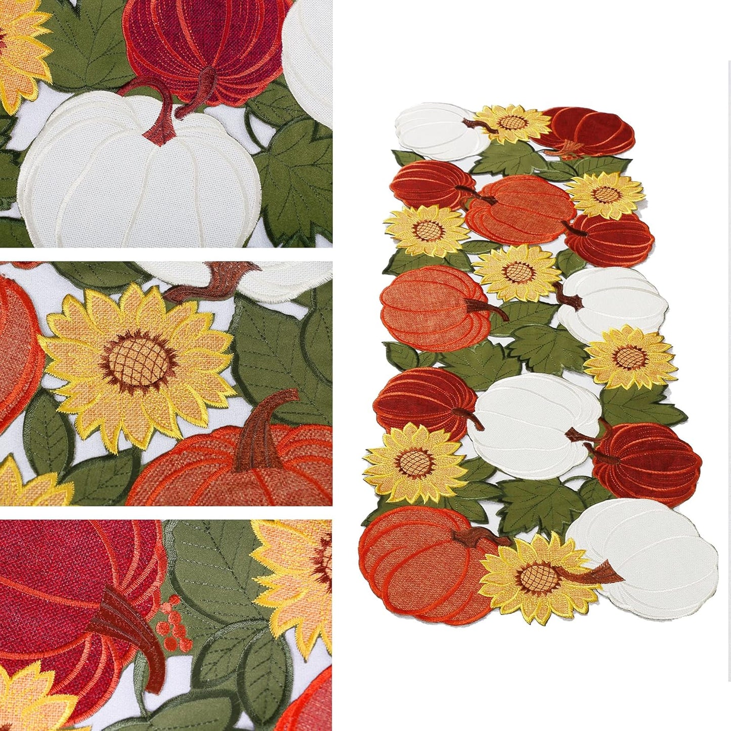 Thanksgiving Table Runner 36 Inches Long, Small Short Fall Table Runner, Boho Farmhouse Embroidered Table Centerpieces with Pumpkins and Sunflowers, Fall Decor for Home , 13 Inch X 36 Inch