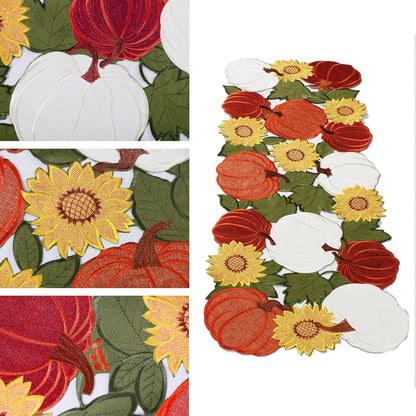 Thanksgiving Table Runner 36 Inches Long, Small Short Fall Table Runner, Boho Farmhouse Embroidered Table Centerpieces with Pumpkins and Sunflowers, Fall Decor for Home , 13 Inch X 36 Inch