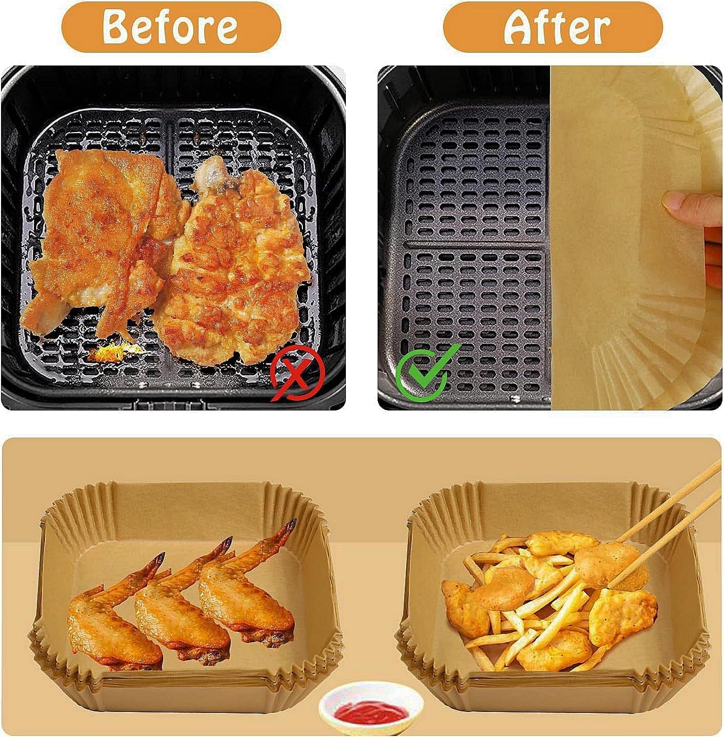 Air Fryer Liners Disposable Compatible with COSORI Air Fryer 6 Qt, 100 Pcs Unbleached Parchment Paper for 5-8 Qt 7.9 Inch Square Parchment Paper for Baking Non-Stick